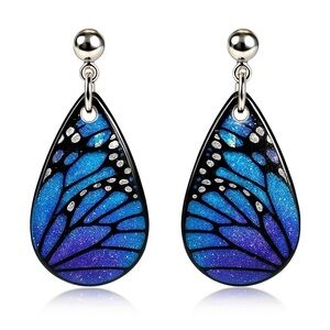 Sterling Silver Vibrant Blue Purple Morpho Butterfly Wing Teardrop Earrings